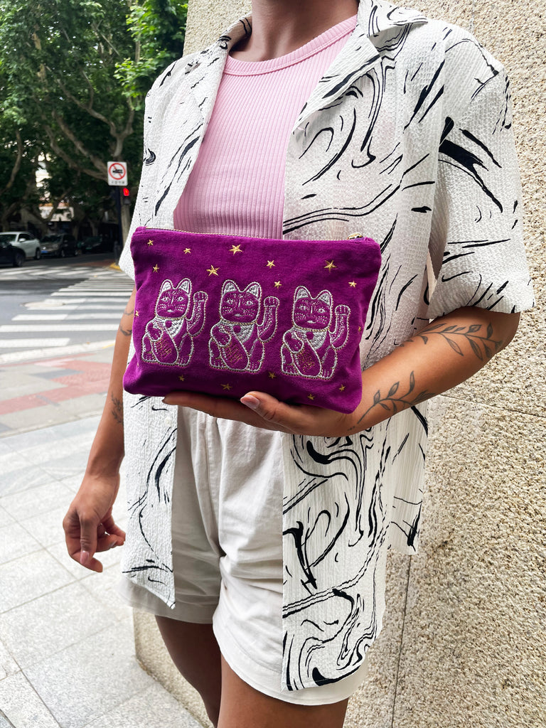 Lucky Cat Velvet Purse - Medium